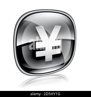 Yen Icon schwarzes Glas, isoliert auf weißem Hintergrund Stockfoto