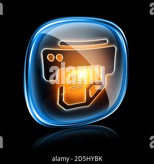 Druckersymbol Neon, isoliert auf schwarzem Hintergrund. Stockfoto
