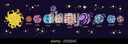 Planeten Reihen sich im Raum. Bunte Doodle Sonnensystem in dunklem Hintergrund. Astronomisches Observatorium. Sonne Mond Merkur venus Erde mars jupiter saturn neptun. Astronomie Galaxie Raum. Vektorgrafik Stock Vektor