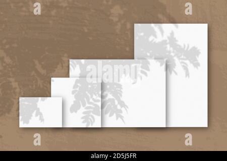 Mehrere horizontale und vertikale Blätter aus weißem strukturiertem Papier vor einem braunen Wandhintergrund. Mockup mit einer Überlagerung von Pflanzenschatten. Tageslicht Stockfoto