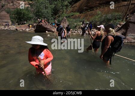 Springdale, Utah, USA. August 2020. Wanderer waten durch Gewässer in den Narrows. The Narrows ist der schmalste Abschnitt des Zion Canyon und eine der besten Wanderungen im Park und auf dem Colorado Plateau. Der Zion National Park ist ein Naturschutzgebiet im Südwesten Utahs, das sich durch die steilen roten Klippen des Zion Canyon auszeichnet. Der Zion Canyon Scenic Drive führt durch seinen Hauptabschnitt zu Waldwegen entlang des Virgin River. Der Fluss fließt zu den Emerald Pools, die Wasserfälle und einen hängenden Garten haben. Auch entlang des Flusses, teilweise durch tiefe Abgründe, ist Zion Narrows Watwanderung. (Bild: © Ruari Stockfoto