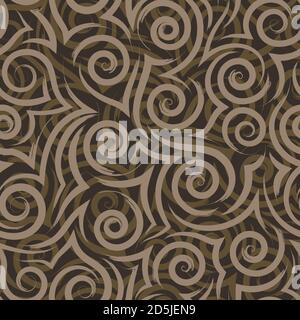 Nahtlose Vektorstruktur von fließenden beigen Pinselstrichen von Spiralen Und Locken auf braunem Hintergrund Meer oder Meer Muster stilisiert Wellen oder Wellen an Stock Vektor
