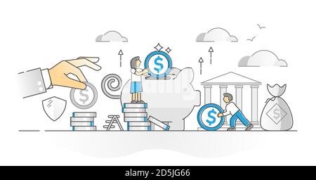 Geldeinsparungen auf Bankkonto als Einlage und Akkumulation monokolor skizzieren Konzept. Strategie zum Schutz von Vermögen und Einkommen für die Backup-Finanzierung preserva Stock Vektor