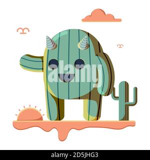 Kaktus Monster mit Sonnenuntergang Vibe Flat Style Charakter Design Stock Vektor