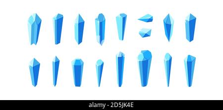 Eiskristalle und Mineralien isoliert auf weißem Hintergrund. Große Reihe von separaten Kristallen und ihre Stücke. Winterlandschaft Elemets für Spiele und andere Stock Vektor