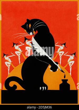 Retro-Clipart der schwarzen Katze mit Federkiel und Tintenfass. 1930er Jahre Stockfoto