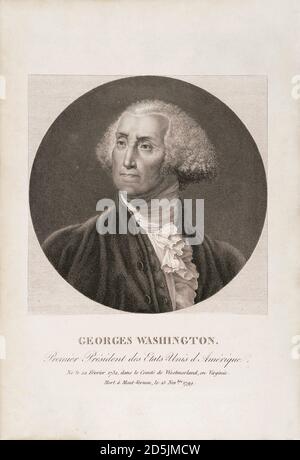 Gravur von George Washington, Kopf-Schultern-Porträt, Uniform, nach links, in Medaillon aus größerem Druck geschnitten. Stockfoto