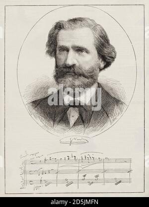 Gravur des Portraits von Giuseppe Verdi. Giuseppe Fortunino Francesco Verdi (Giuseppe Verdi, 1813 – 1901) – ein herausragender italienischer Komponist, dessen Wor Stockfoto