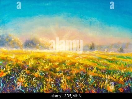 Original Ölgemälde erste Sonnenstrahlen auf nebligen sonnigen Feld Blume ländliche Landschaft Malerei auf Leinwand. Impasto Kunstwerk. Impressionismus Kunst Stockfoto