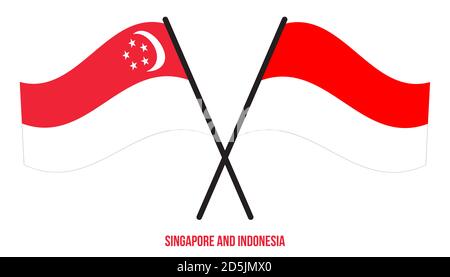 Singapur und Indonesien Flaggen gekreuzt und winken Flat Style. Offizieller Anteil. Korrekte Farben. Stockfoto
