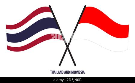 Thailand und Indonesien Flaggen gekreuzt und winken Flat Style. Offizieller Anteil. Korrekte Farben. Stockfoto