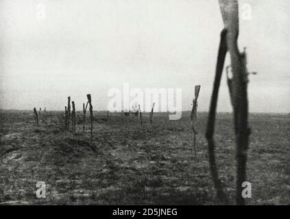 Mosin-Nagant-Gewehre von Soldaten der Roten Armee, die sich der Nazi-Wehrmacht ergeben hatten, steckten Bajonette in den Boden. Blitzkrieg im Osten. 1941 Stockfoto