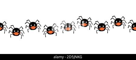 Coronavirus Halloween Spinnen nahtlose Grenze. Wiederholende Halloween 2020 soziale Distanzierung Design. Niedliche handgezeichnete Spinne Illustration für Kinder Stockfoto