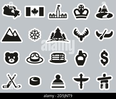 Kanada Land & Kultur Icons Schwarz & Weiß Sticker Set Groß Stock Vektor