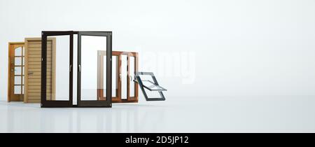 3D-Rendering einer Auswahl verschiedener Türtypen Und Fenster Stockfoto