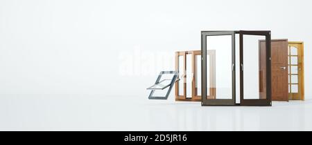 3D-Rendering einer Auswahl verschiedener Türtypen Und Fenster Stockfoto