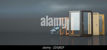 3D-Rendering einer Auswahl verschiedener Türtypen Und Fenster Stockfoto