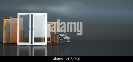 3D-Rendering einer Auswahl verschiedener Türtypen Und Fenster Stockfoto