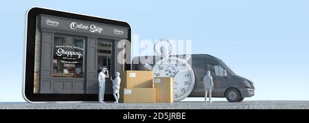 3D-Rendering einer Tablette mit einer Boutique und Delivery Men, einem Van mit Boxen und einer Stoppuhr Stockfoto