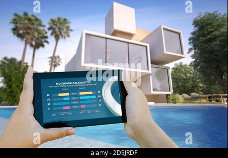 3D-Rendering eines mobilen Geräts mit einem Hypothekenrechner Und ein luxuriöses Haus im Hintergrund Stockfoto