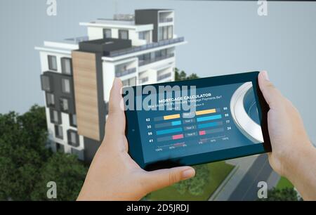 3D-Rendering eines mobilen Geräts mit einem Hypothekenrechner Und ein Mehrfamilienhaus im Hintergrund Stockfoto