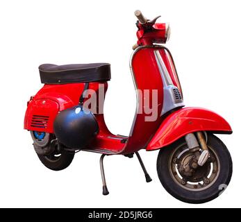 Alte rote berühmte italienische Roller namens Vespa isoliert auf weiß Hintergrund Stockfoto