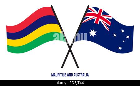 Mauritius und Australien Flaggen gekreuzt und winken Flat Style. Offizieller Anteil. Korrekte Farben. Stock Vektor