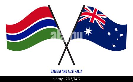 Gambia und Australien Flaggen gekreuzt und winken Flat Style. Offizieller Anteil. Korrekte Farben. Stock Vektor