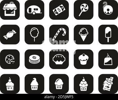 Candy Shop Icons Weiß Auf Schwarz Flat Design Set Groß Stock Vektor