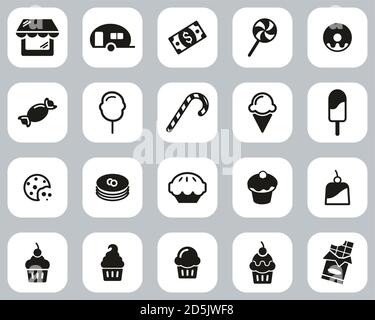 Candy Shop Icons Schwarz & Weiß Flat Design Set Groß Stock Vektor