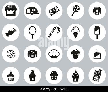 Candy Shop Icons Schwarz & Weiß Flat Design Kreis Set Groß Stock Vektor