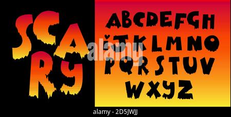 Blutiges Vampir-Alphabet. Vektorschrift, lateinische Buchstaben in schwarzer Farbe tropfende Flüssigkeit. Stock Vektor