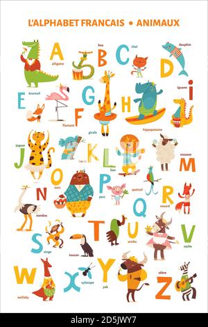 Französisches Alphabet Poster mit Cartoon-Tieren Stock Vektor