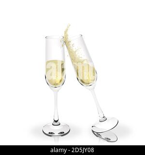 3D-Illustration. Wünsche, Party. Toast mit Champagner isoliert auf weißem Hintergrund Stockfoto