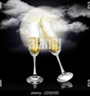 3D-Illustration. Wünsche, Party. Toast mit Champagner in der Nacht im Mondschein. Stockfoto