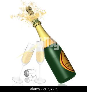 3D-illustrationGruß, Party. Toast mit Champagner isoliert auf weißem Hintergrund Stockfoto