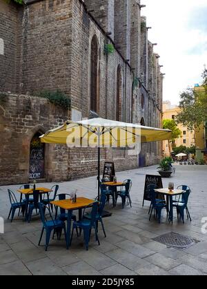 Terrasse. Plaça Sant Josep Oriol, Barcelona, Katalonien, Spanien. Stockfoto