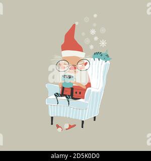 Lustige wütend Weihnachtsmann sitzt in Sessel und Kakao trinken Stock Vektor