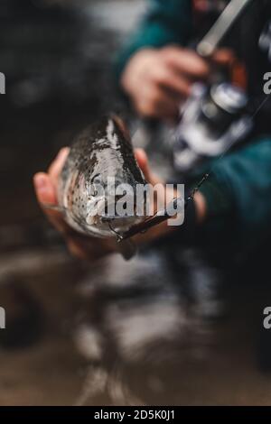 Fischer hält seine Trophäe in den Händen. Nahaufnahme. Stockfoto