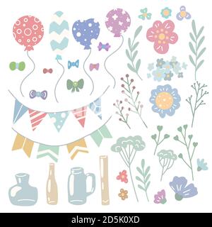 Set von Feiertagsdekorationen für Einladungen und Karten. Flache handgezeichnete Gegenstände. Luftballons, Blumen, Kräuter, Vasen, Fahnen und Bögen. Vektor sanfte Objekte se Stock Vektor
