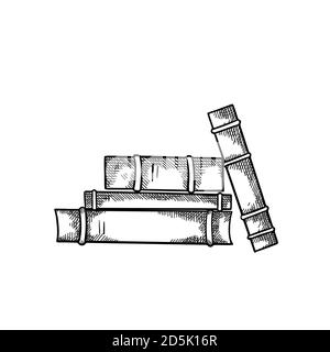 Skizze Stapel von Büchern mit Schraffur Vorderansicht. Gravur schwarz-weiß Zeichnung. Wissen und Weisheit. Vektorbild für Abzeichen, Karten, Dias und yo Stock Vektor