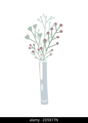 Flache vertikale Vase mit Blumenstrauß von Kräutern und Zweigen mit Beere auf weißem Hintergrund. Frühling romantische Kräuter. Vektor rustikale Illustration für Stift, Stock Vektor