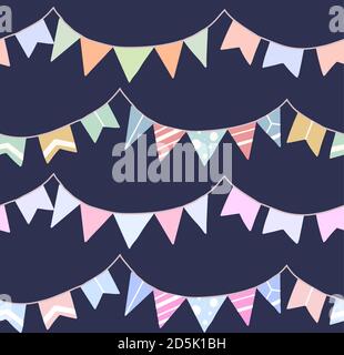 Nahtloses festliches Muster mit flach gezeichneten Fahnen auf dunklem Hintergrund. Tapete für Geburtstag und Jubiläum. Vektor-Textur für Stoffe, Geschenkpapier Stock Vektor