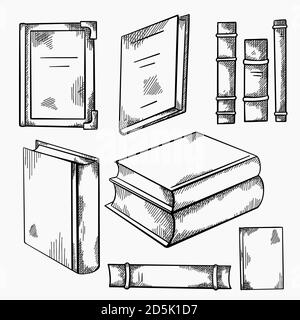 Set von Skizzen verschiedener alter Bücher mit Schattierung. Vorder- und Seitenansicht. Notebooks. Bibliothek und Bücherregale. Gravur Vektor-Element für Karten, Etiketten Stock Vektor