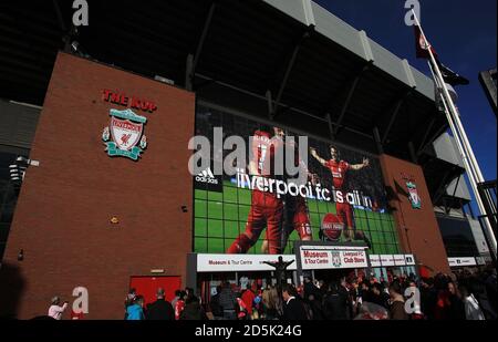 Allgemeine Ansicht von Anfield, Heimat des Liverpool Football Club Stockfoto