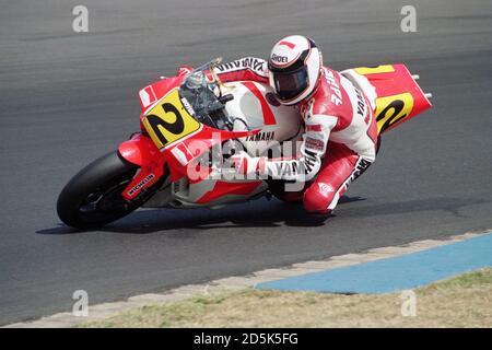 Wayne Rainey im Donington Park für das British Motorcycle Grand Preis Stockfoto