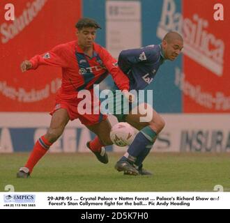 29-APR-95 ... Crystal Palace V Nottm Wald ... Richard Shaw von Palace und Stan Collymore von Forest kämpfen um den Ball Stockfoto