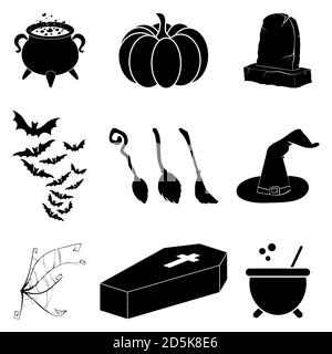 Halloween Silhouette Vektor-Set. Sammlung von schwarzen Illustration für Horror Feiertagsfeier. Gruselige oktober Cartoon-Symbole. Unheimlich Symbole für Teil Stock Vektor