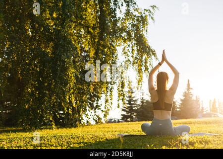 Rückansicht der flexiblen jungen Frau, die auf einer Yogamatte sitzt In Lotusposition und die Hände nach oben heben Stockfoto