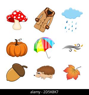 Herbstset. Herbstliche Cartoon-Symbole Sammlung auf weiß isoliert. Elemente der Herbstdarstellung. Saisonale Vektor-Icons mit Fell, Kürbis, Pilz, Umb Stock Vektor